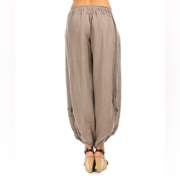 ITALIAN LINEN BOHO SLOUCHY PANTS BEIGE TAN NATURAL S/M NWT - Picture 2 of 10